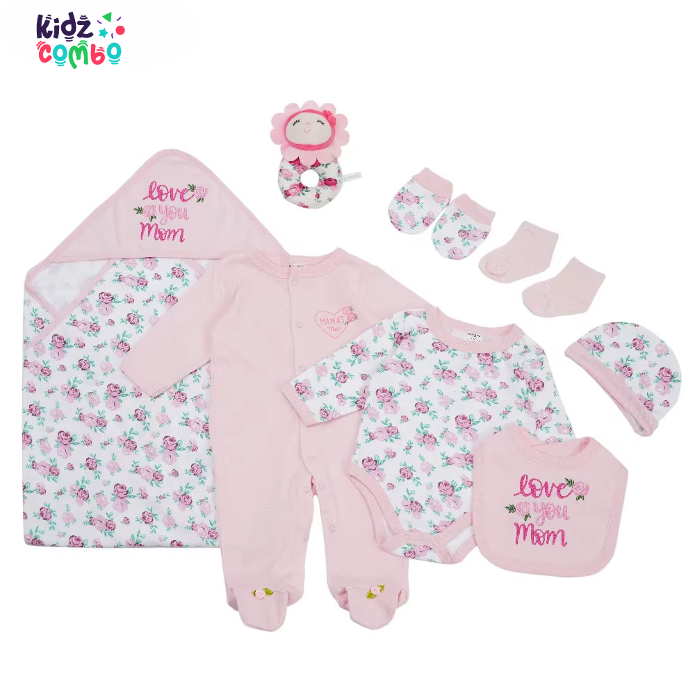 Newborn Floral 8-Piece Cotton Baby Gift Set – Soft Romper & Complete Essentials