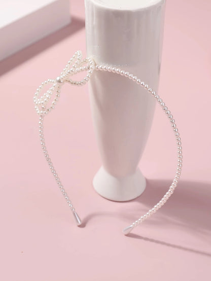 Girls Bow & Faux Pearl Decor Headband (White)