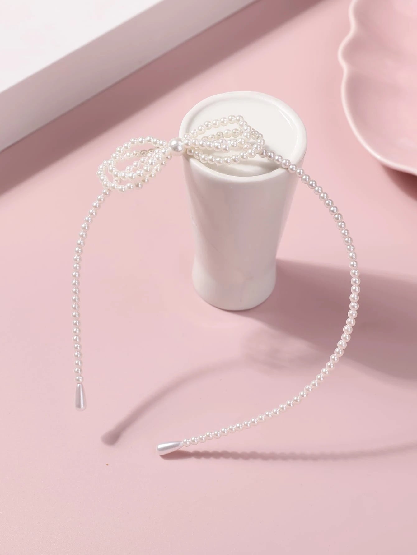 Girls Bow & Faux Pearl Decor Headband (White)