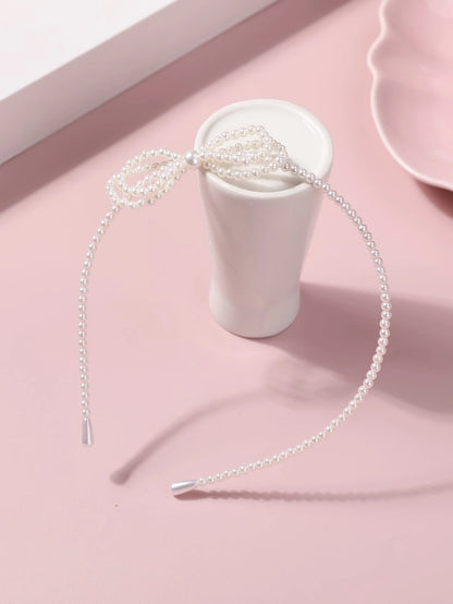 Girls Bow & Faux Pearl Decor Headband (White)