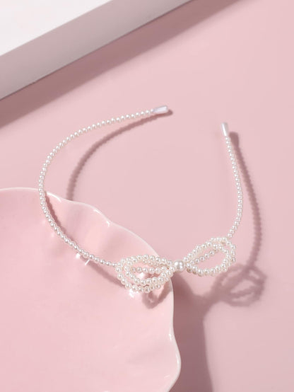 Girls Bow & Faux Pearl Decor Headband (White)