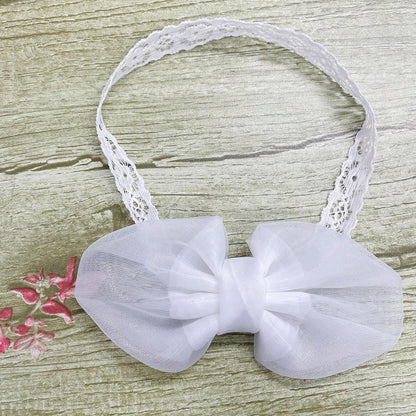 Baby Girl Lace Bow Headband With Elastic - White
