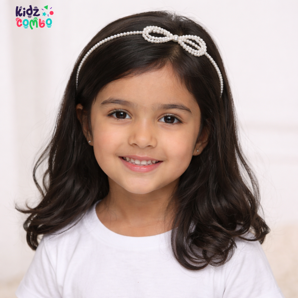 Girls Bow & Faux Pearl Decor Headband (White)