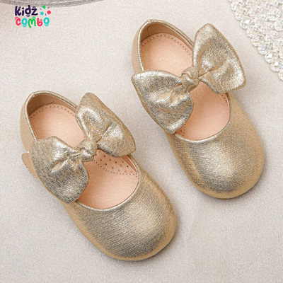 Girls Metallic Bow Decor Mary Jane Flats