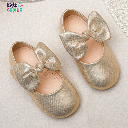 Girls Metallic Bow Decor Mary Jane Flats