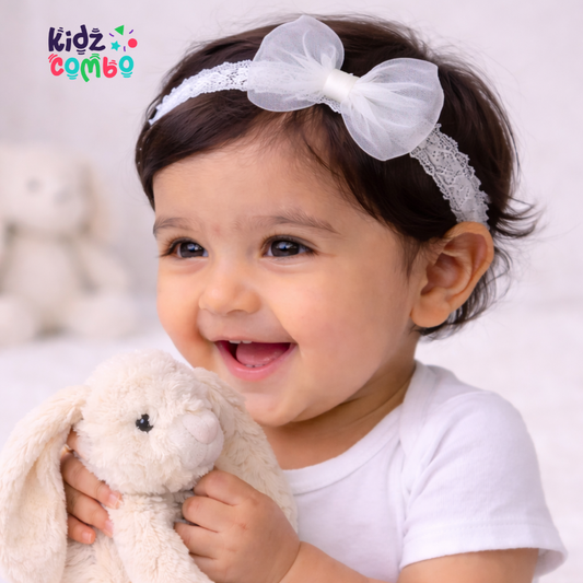 Baby Girl Lace Bow Headband With Elastic - White