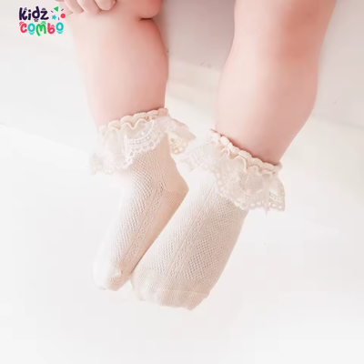 1 Pair Beige Lace Trimmed Hollow Out Breathable Soft And Comfortable Socks For Toddler Girls